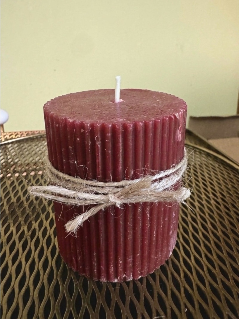 Fireside Cranberry Rustic Ribbed Burgundy Pillar Candle with Twine Accent